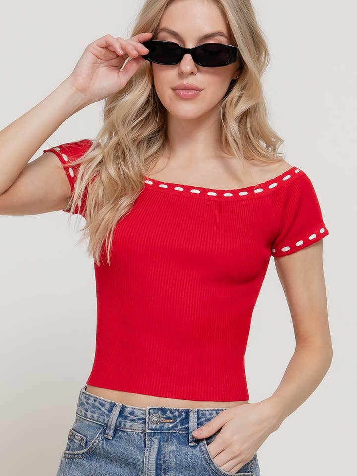 Off The Shoulder Contrasting Edges Sweater Top for wholesale by Active Basic | Active USA