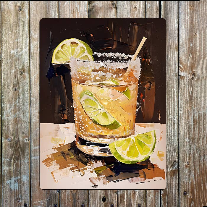 Stilleben af cocktailglas metalskilt plakat for engroshandel hos The British Metal Signs Company