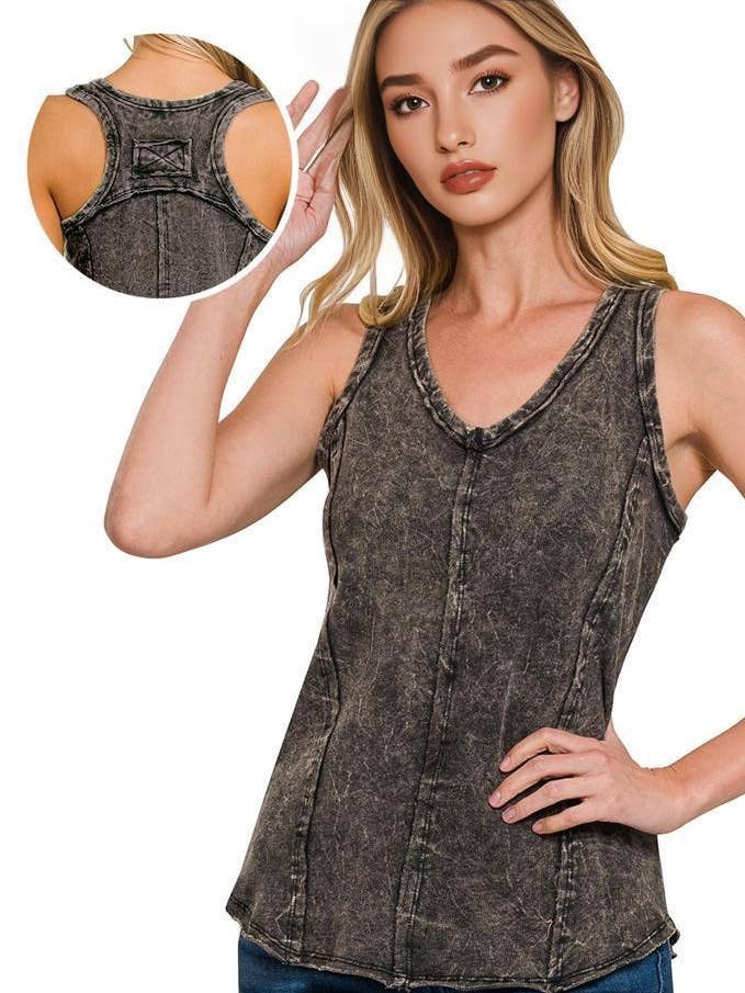 `.Washed Raw Edge V Neck Sleeveless Top for wholesale by 42POPS