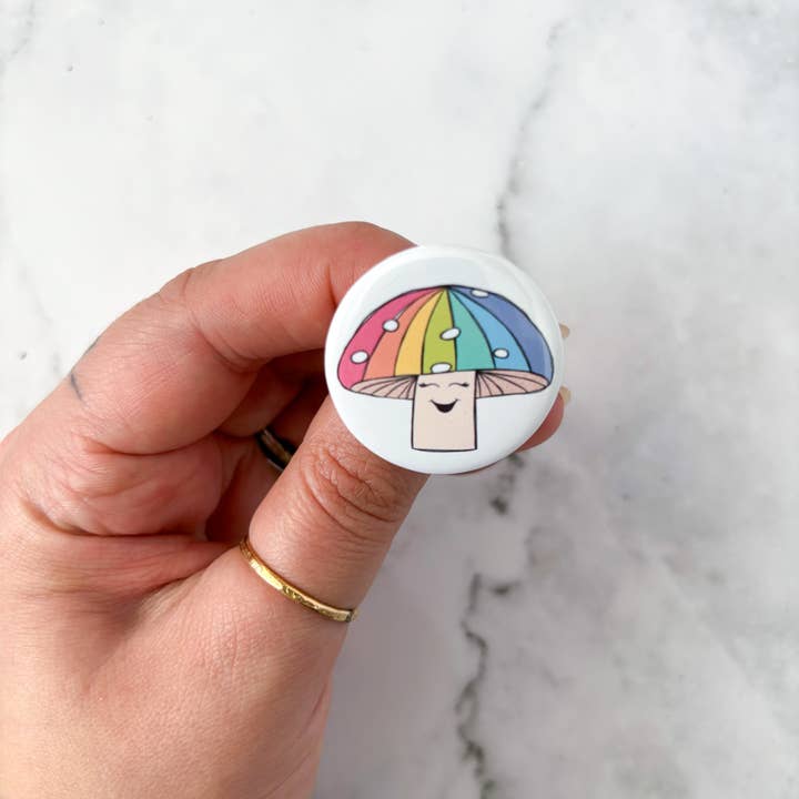 Pride Happy Rainbow Mushroom Button / Badge for wholesale by Jami Creates