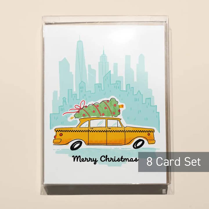Set of 8 Classic NYC Merry Christmas Cab Risograph Greeting Cards for wholesale by Oh So Nice Design Co.