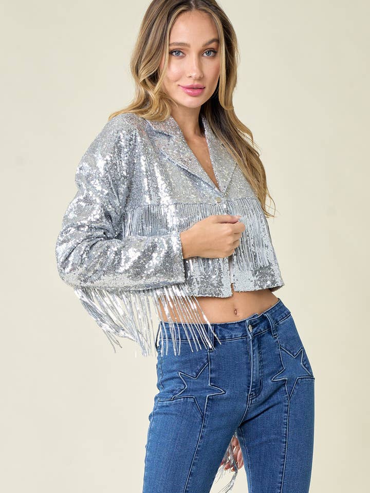 SIJ5238A SILVER SEQUINS FRINGE JACKET - FALL WINTER HOLIDAY for wholesale by Saints & Hearts