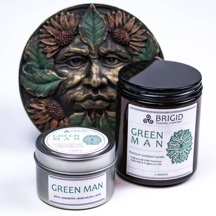 Green Man Soy Wax Candle - Moss, Rainwater, Old Growth Forests, and White Musk for wholesale by Brigid Trading Company