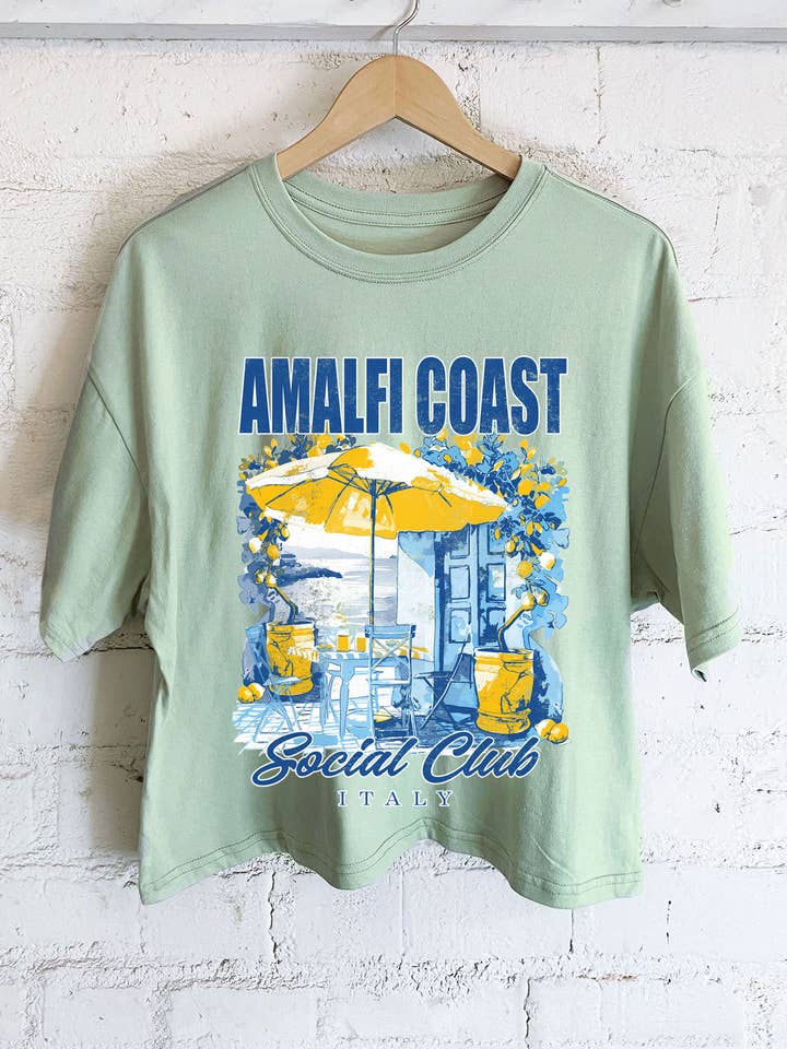 Rustee Clothing - Vendita all'ingrosso Maglietta serigrafata - Donna - TOP CORTO LUNGO CON GRAFICA DELLA COSTIERA AMALFITANA ITALIANA0