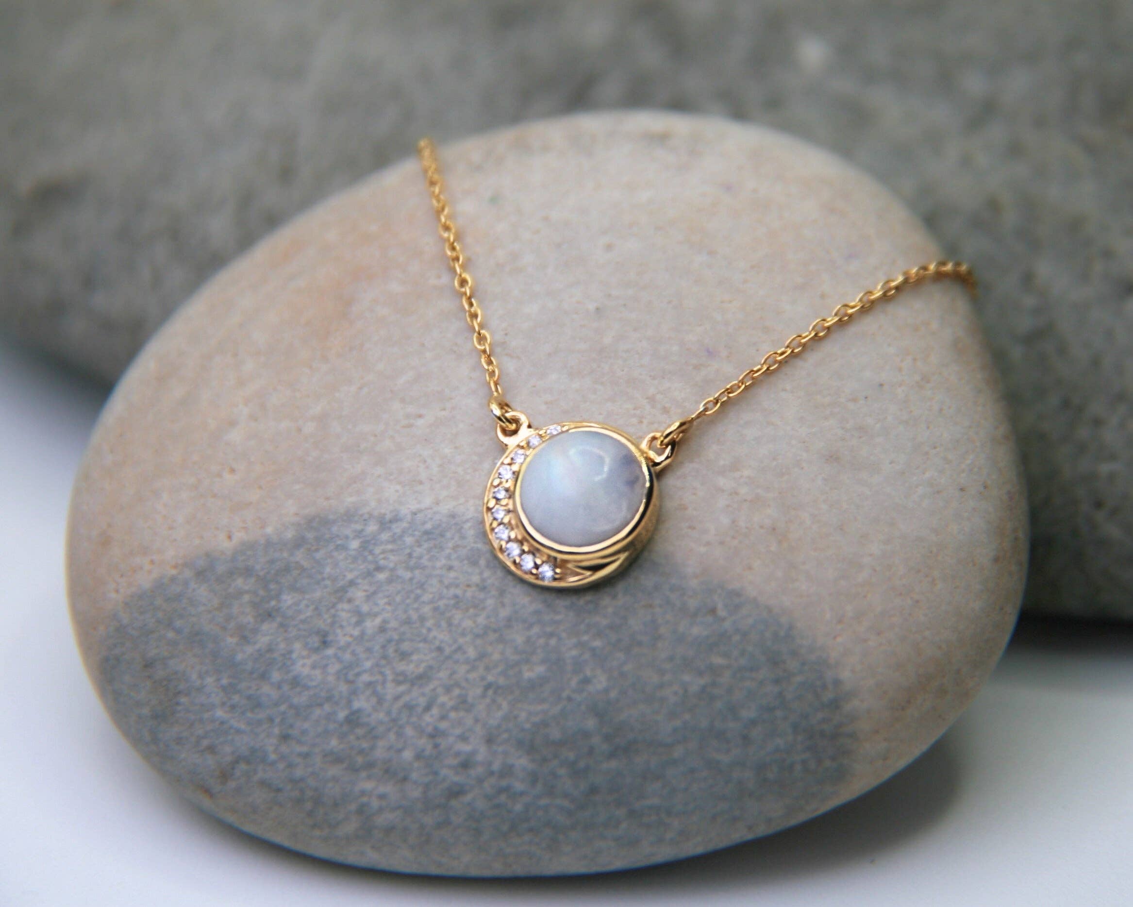 Heart and Lotus Sterling Silver Jewelry - Wholesale Pendant/Charm Necklace - Crescent Moonstone Necklace in Rainbow Moonstone, Cubic Zirconia + Gold0