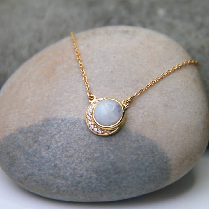Heart and Lotus Sterling Silver Jewelry - Wholesale Pendant/Charm Necklace - Crescent Moonstone Necklace in Rainbow Moonstone, Cubic Zirconia + Gold