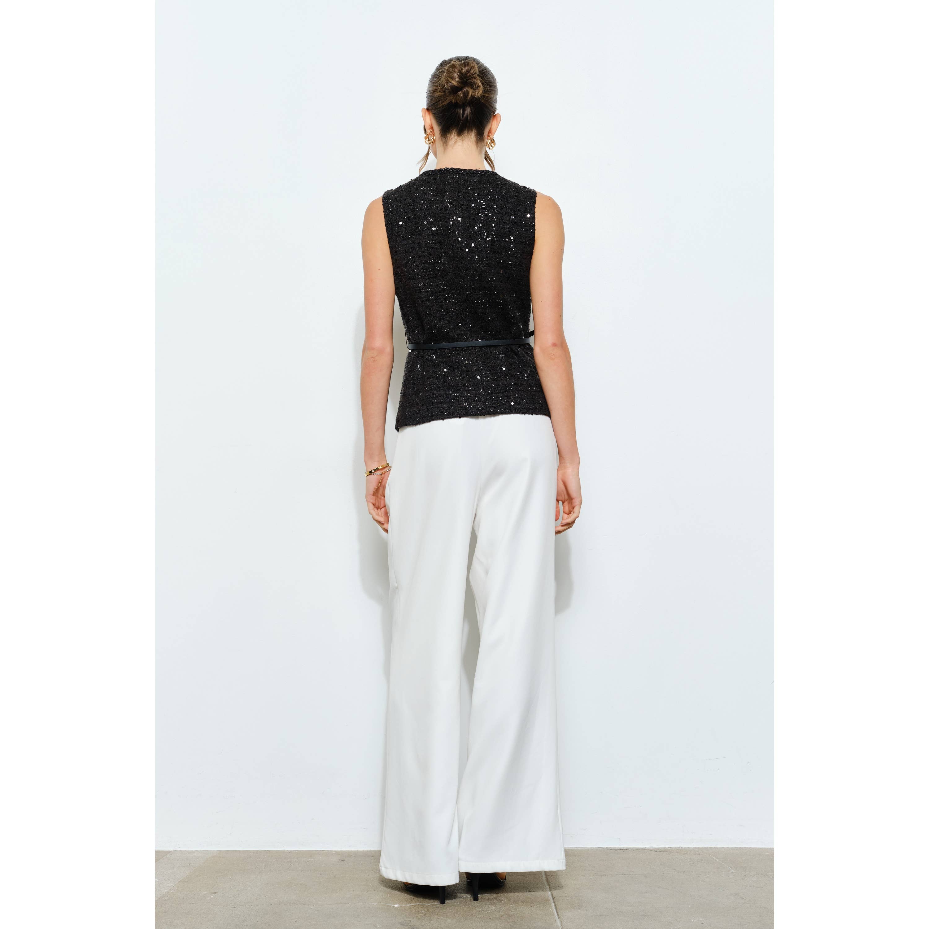 INA - Vente Veste – femme - Haut sans manches en tweed à sequins ceinturé14