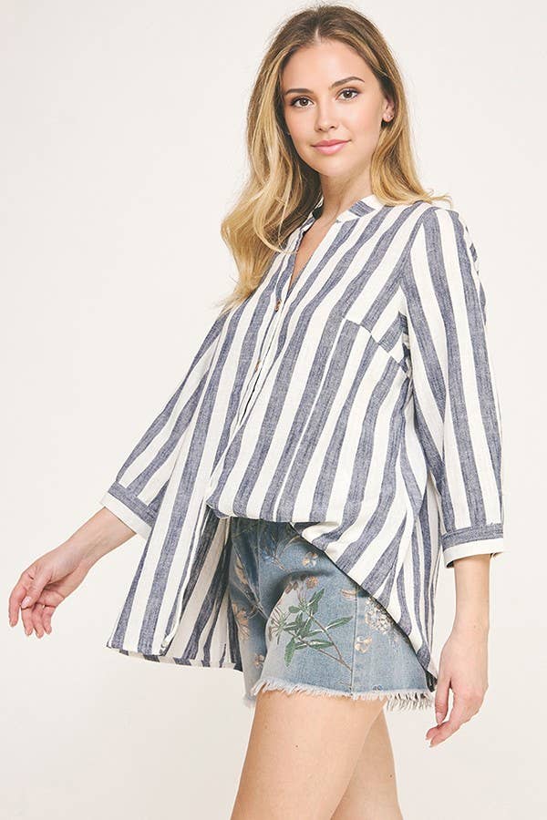 OFF WHITE NAVY T8076L16/THREE QUARTER SLEEVE YARN DYE LINEN SHIRTS  for wholesale on Faire5