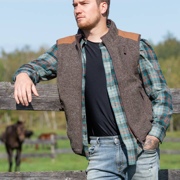 Yale Wool Zip Vest with Faux Suede Shoulder Patches for wholesale by Lost Horizons Knitwear – Ships from USA