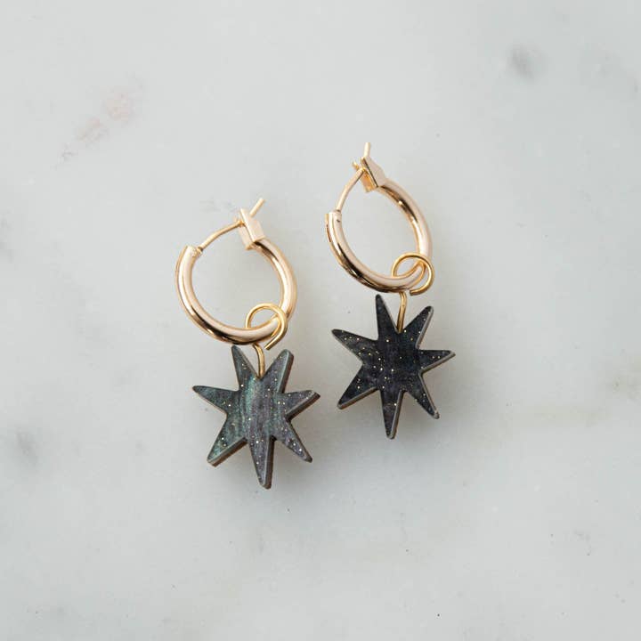 Hand Drawn Star Hoops in Smoke Black Sparkle for wholesale by Pepper You