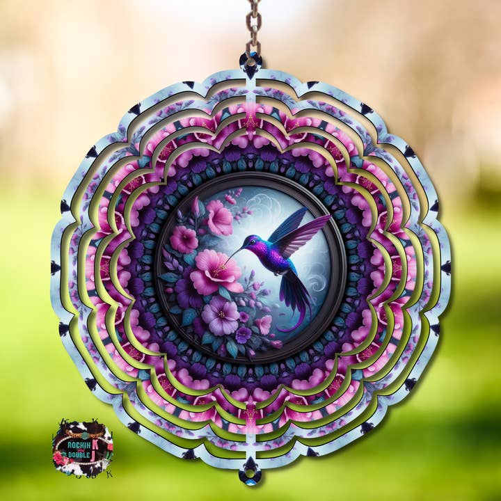 Pink Flower Hummingbird Wind Spinner for wholesale by Rockin K and Double J
