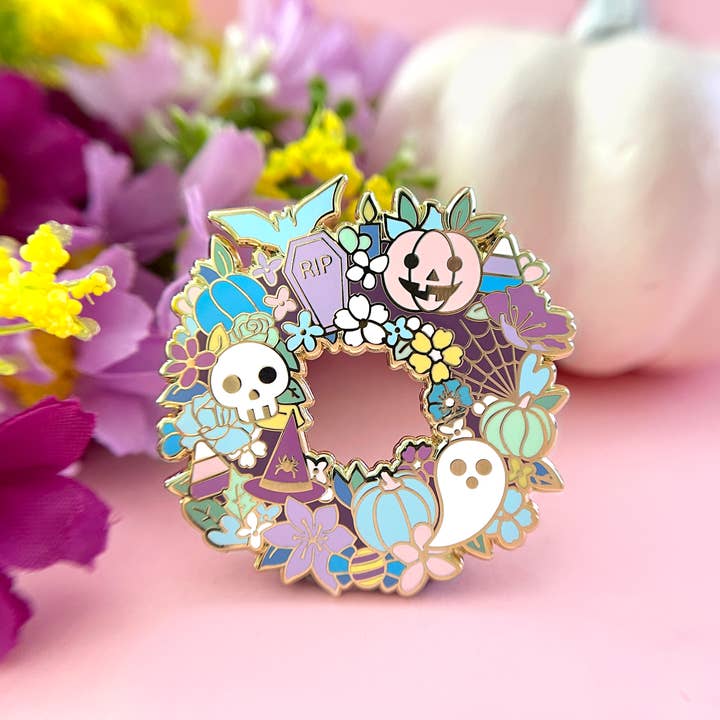 Pastel Halloween Wreath Enamel Pin for wholesale by The Crowned Rabbit