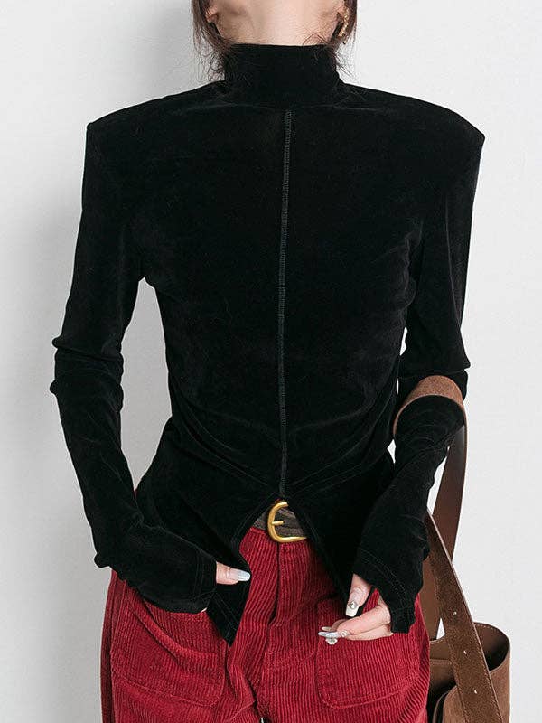 Sheer Trend - Wholesale Blouse - Women's - High-Low Long Sleeves Solid Color Split-Front Velvet Mock Neck T-Shirts Tops2