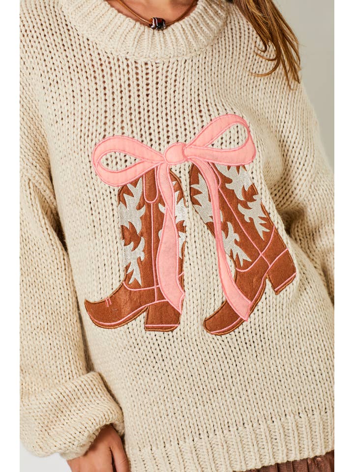 NATURAL COWBOY BOOTS WITH RIBBON KNIT SWEATER for wholesale on Faire