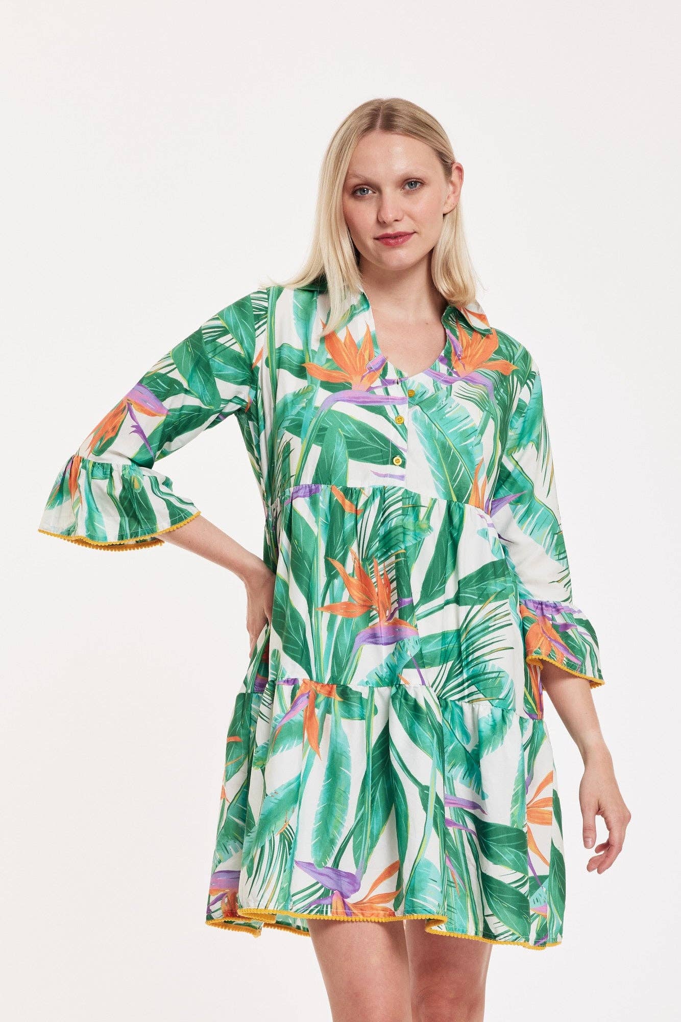 ModaPosa – wholesale Dress – Women's – Cadenza Dress Tropical Leaves Green White Orange Spring0