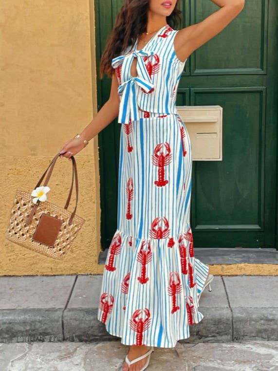 Blue Ariana Lobster & Stripe Print tie front tank top & skirt set for wholesale on Faire3
