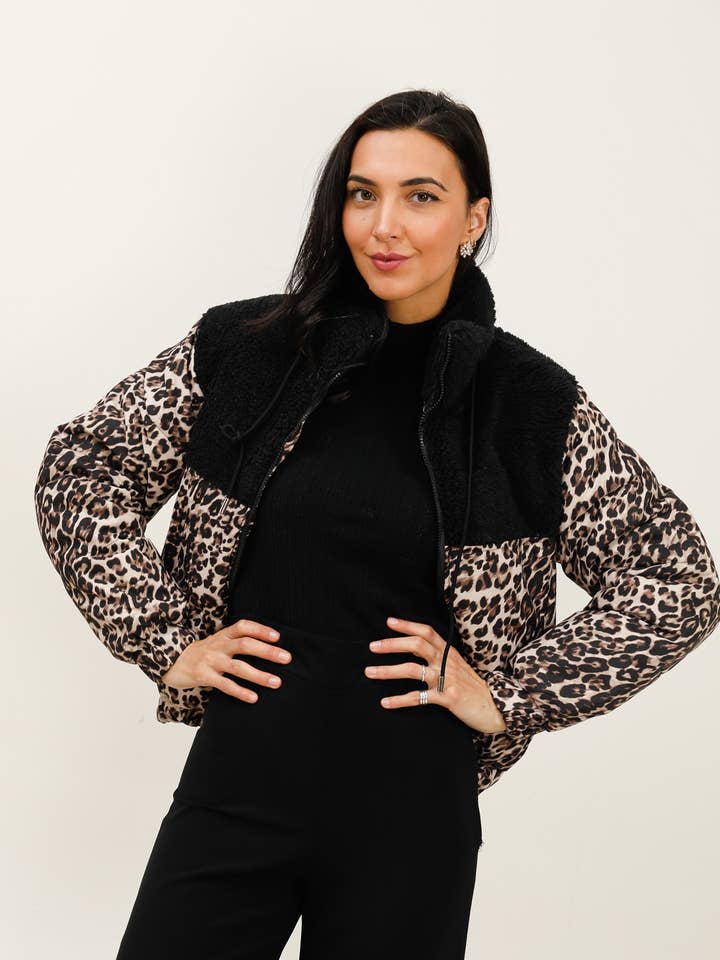 Short fleece and leopard puffer jacket - ZNS002 for wholesale by MOOYA