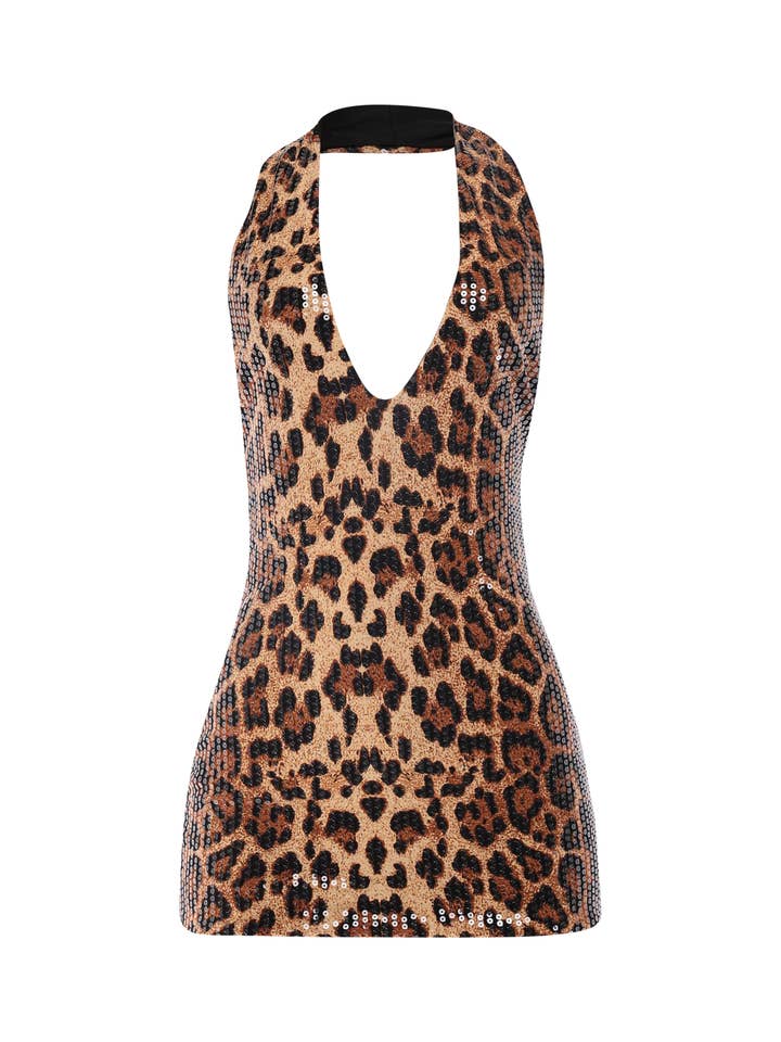 LÉOPARD Robe mini à sequins imprimé léopard avec dos nu en vente sur Faire