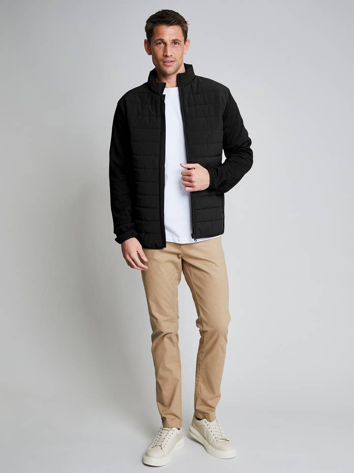Black Men's Quilted Hybrid Funnel Neck Jacket for wholesale on Faire2