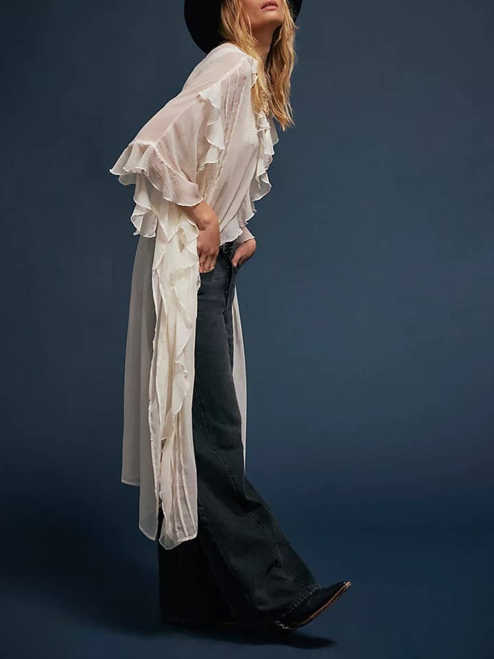 Rosa Clothing - Wholesale Jacket - Women's - Boho lightweight sheer ruffle maxi top duster kimono jacket10