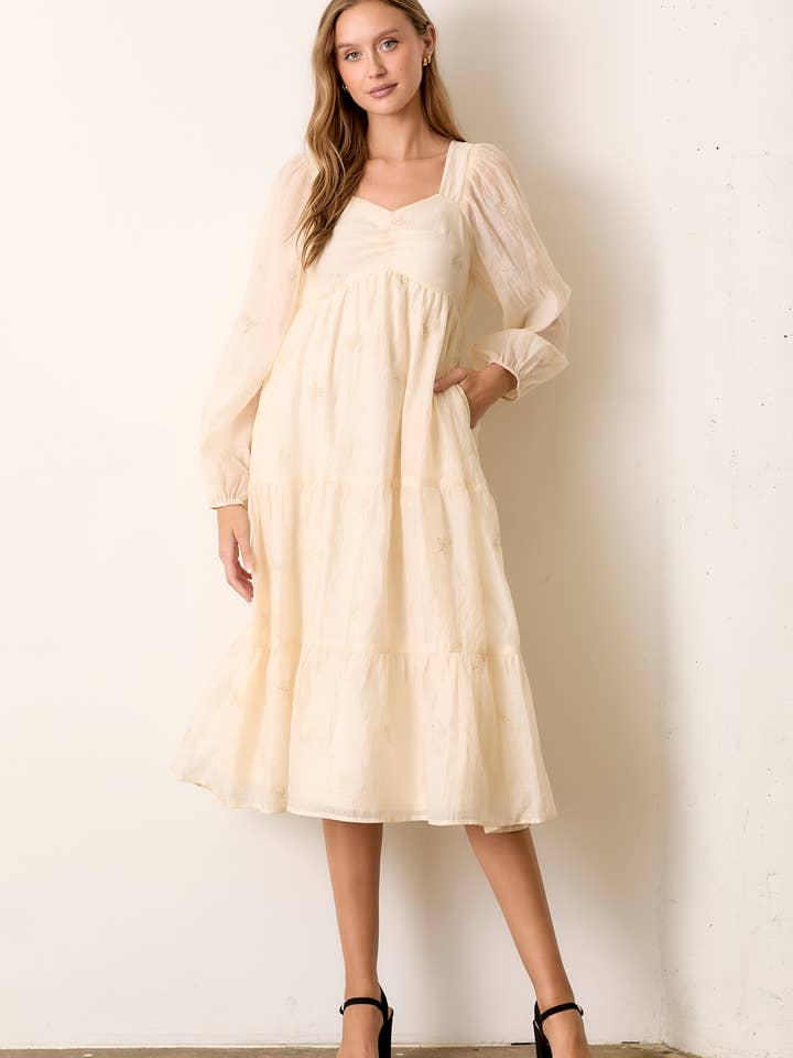 FLORAL EMBO WOVEN RUCHED BUST DRESS for wholesale by Polagram by Wellmade USA