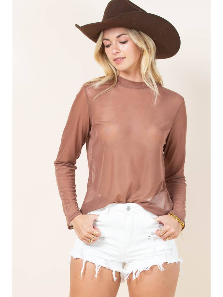 Mocha AV1230-GEMMA SOLID SEMI SHEER LONG SLEEVE MESH TOP for wholesale on Faire4
