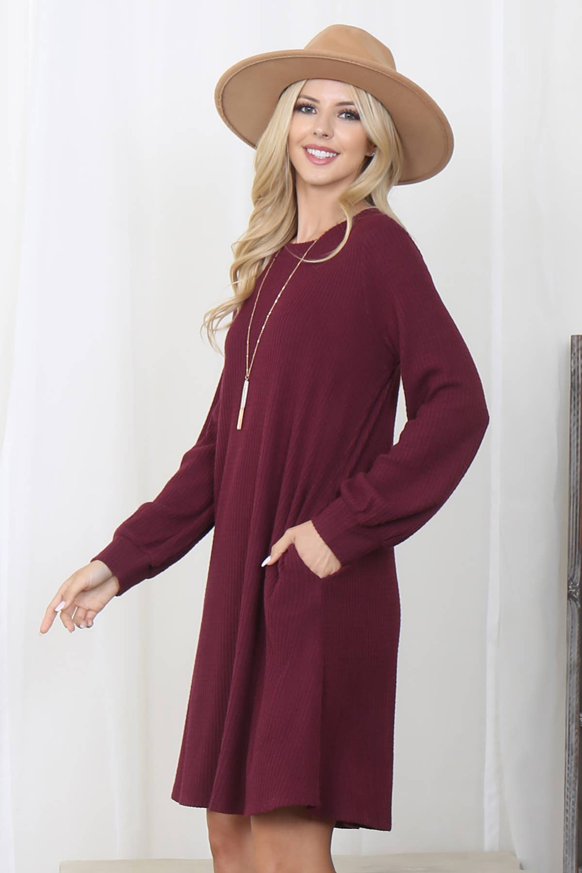 You & Me - Wholesale Dress - Women's - YMD10051V-BRUSHED WAFFLE BUBBLE SLEEVE POCKET DRESS44