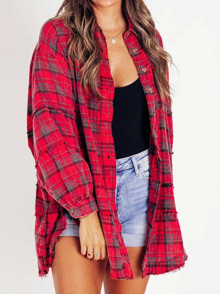 DE VAVE - Wholesale Button Down Shirt - Women's - Plaid Oversized Button-Up Shirt