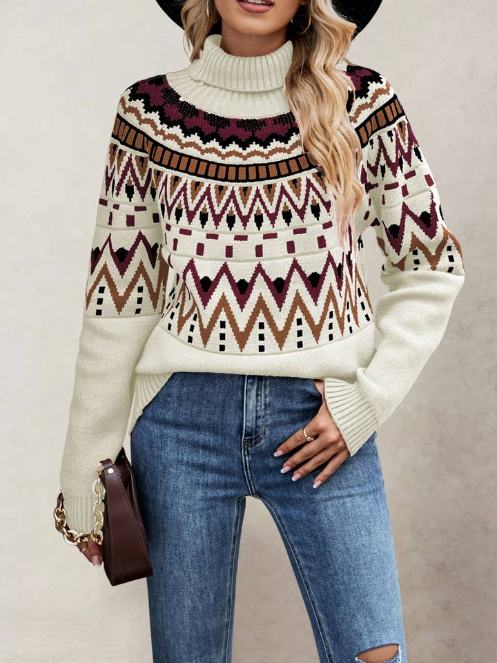 Pull à col roulé en maille Fair Isle géométrique pour la vente par Anna Kaci Wholesale