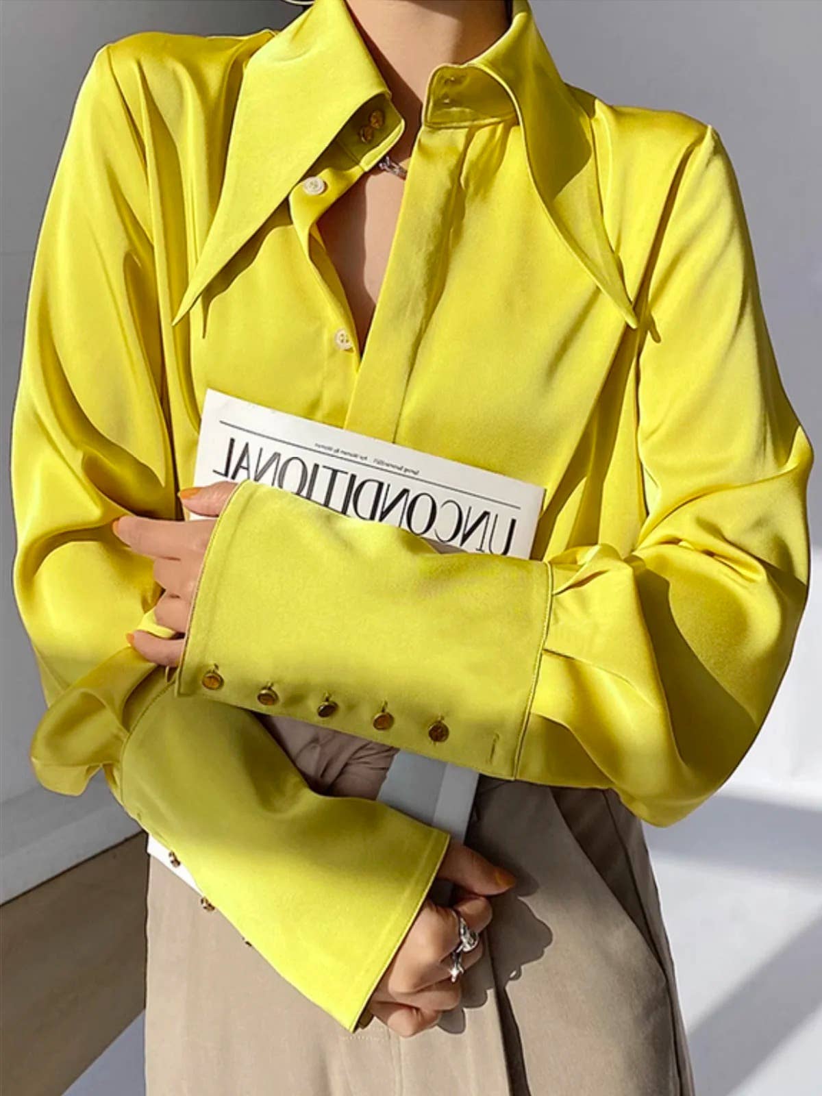 YELLOW button up long sleeve shirt pure color blouse for wholesale on Faire2