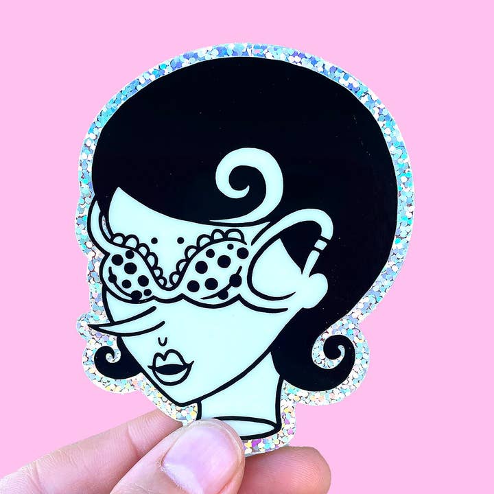 Bra-Face Sparkle Vinyl Sticker for wholesale by Tamiko Sidore Studio