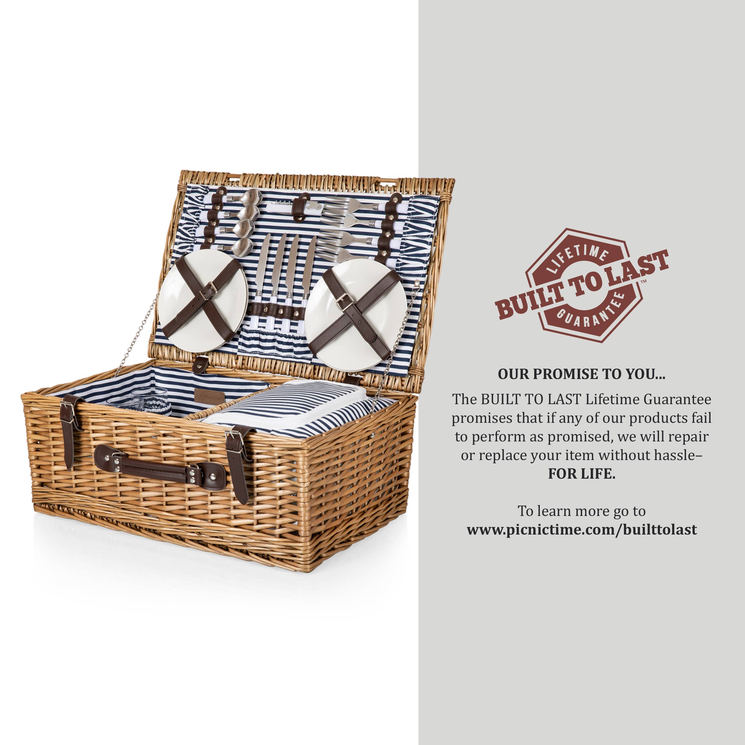 Belmont Picnic Basket, (Navy Blue & White Stripe) for wholesale on Faire4
