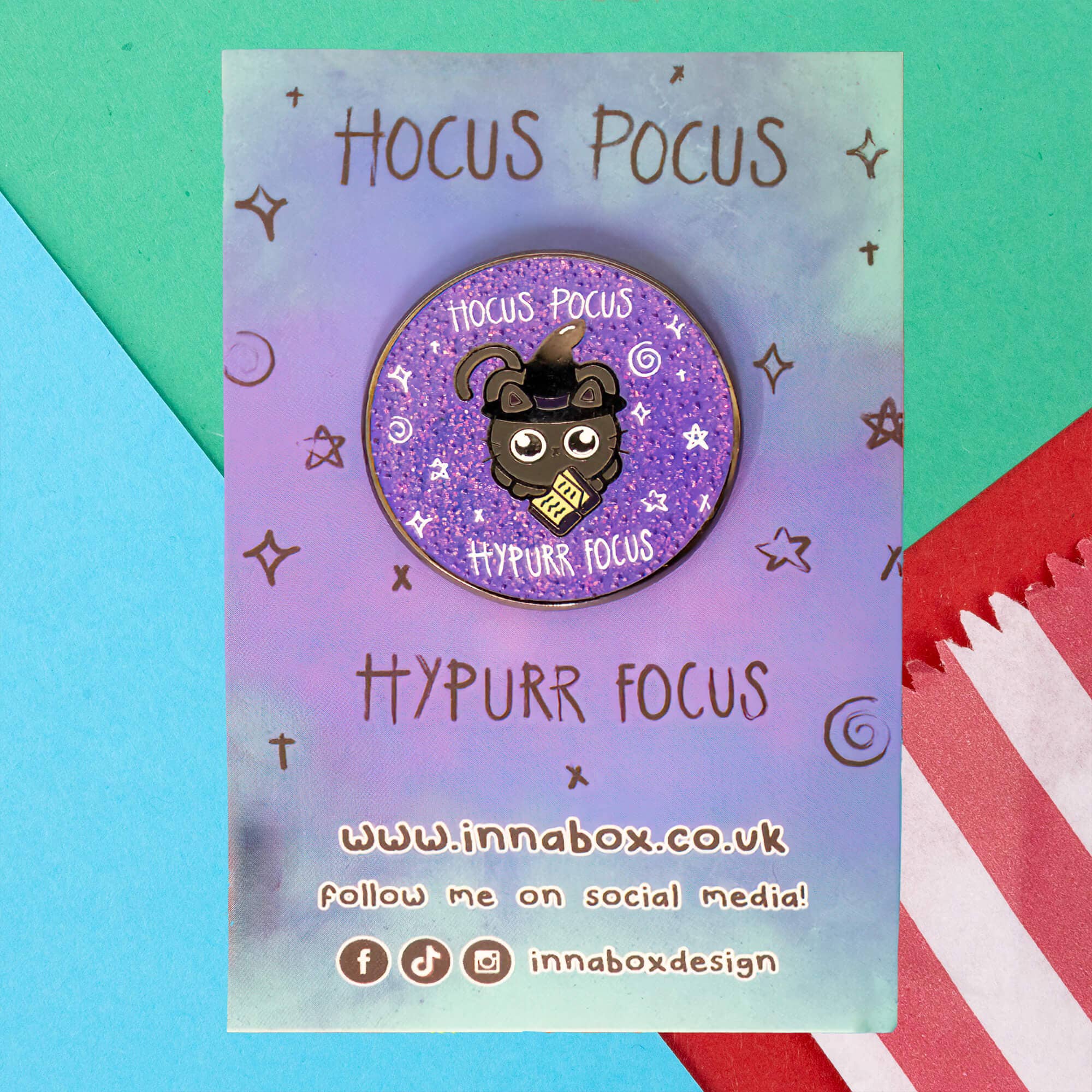 Innabox Ltd – wholesale Lapel pin/button – Hocus Pocus Hypurr Focus Glittery Cat Enamel Pin - Hyperfocus1