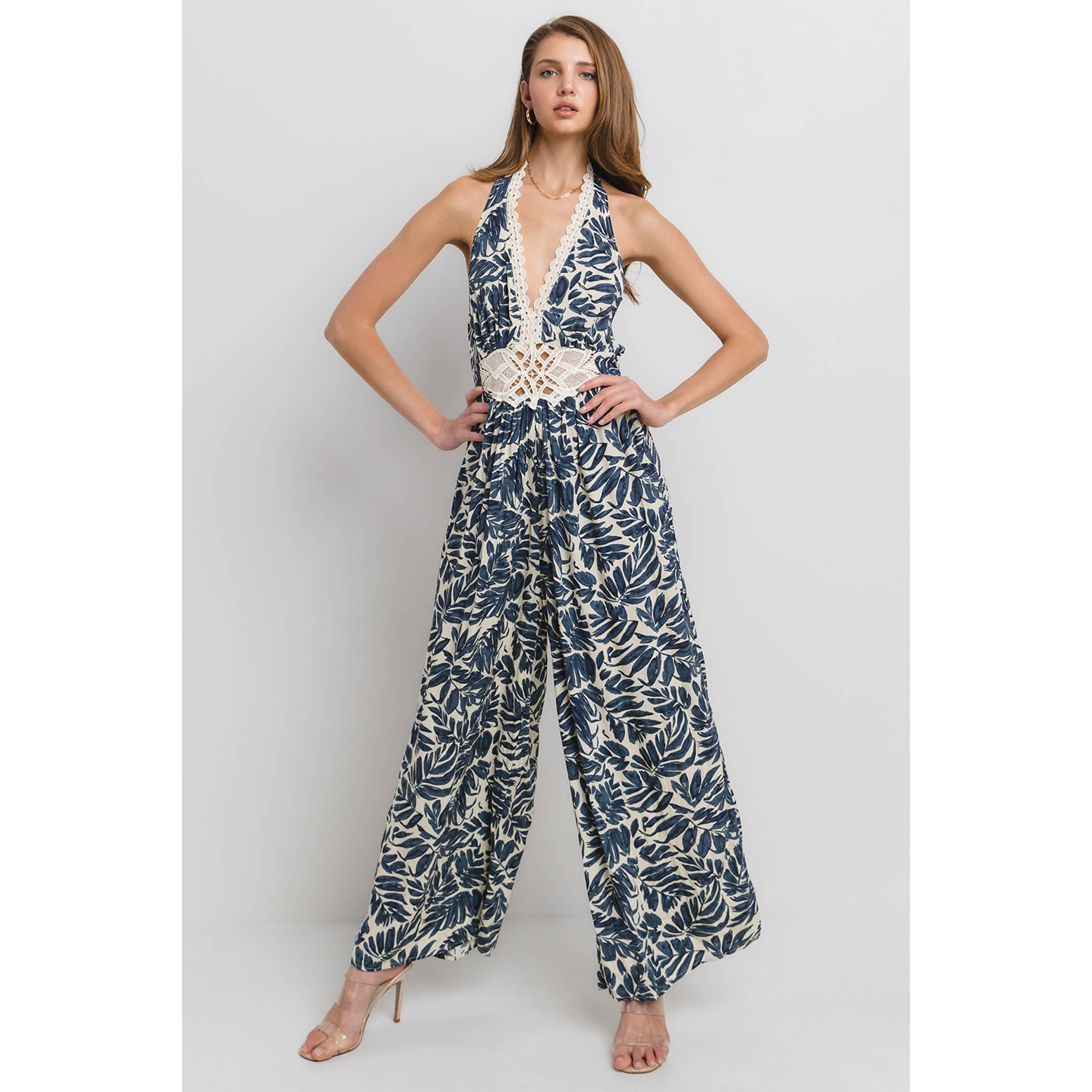 MULTI HALTER NECK JUMPSUIT WITH TRIM DETAIL for wholesale on Faire2