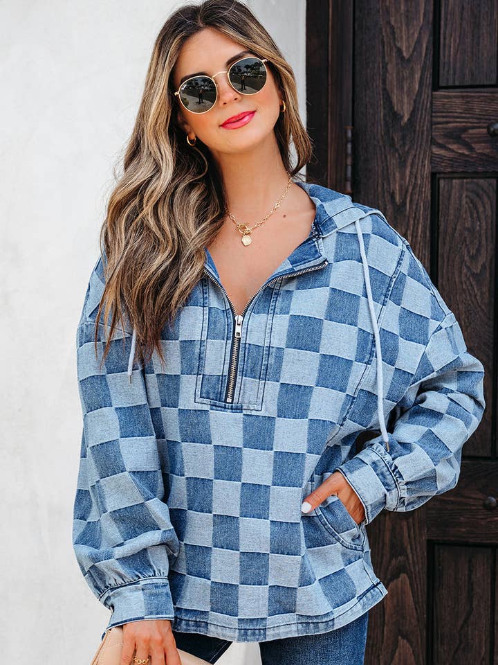 Taracella Checkerboard Zipped Kangaroo Hoodie for wholesale by Poppy Lee Lane