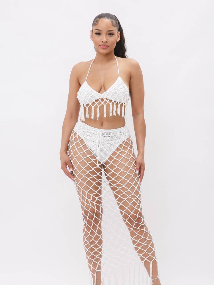 Two Piece Crochet Skirt Set With Bra Top for wholesale by Boswell