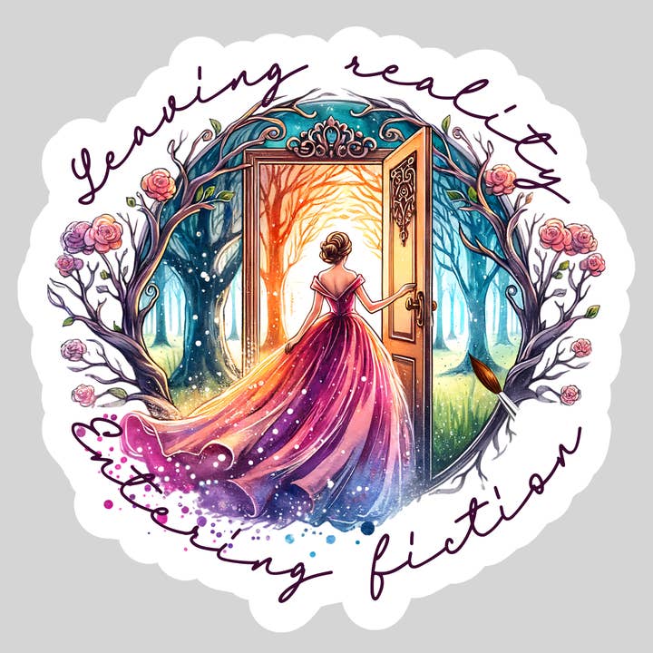 Leaving Reality Entering Fiction - Girl with Dress – 3" Waterproof Bookish Sticker with Holo Overlay – Reading, Books, Reader Gift, Book Lover for wholesale by Epic Life  - Designed