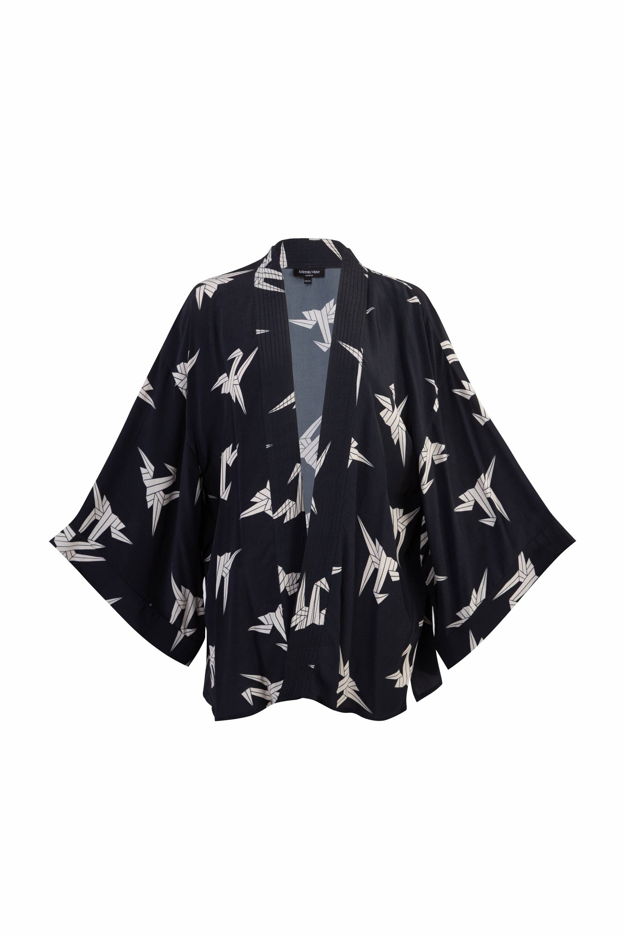 Artemis Muse - Wholesale Kimono - Women's - Japanese Origami Bird Print Black & Ivory Short Light Weight Kimono5