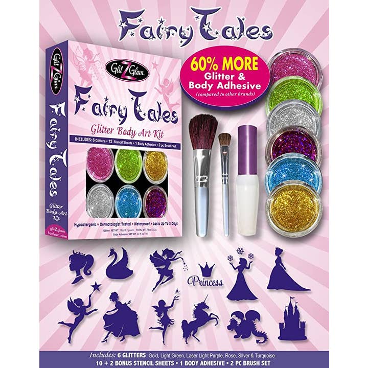 GlitZGlam - Wholesale Body Glitter/Shimmer - Fairy Tales Glitter Tattoo Kit with 6 Glitters&12 Stencils