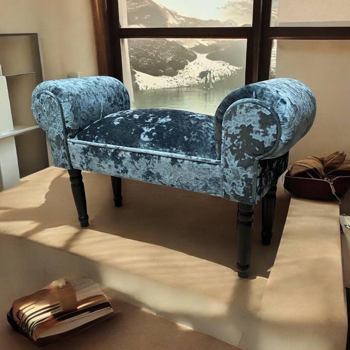 Velvet Luxury Blue Small Window Seat for wholesale by Minster Stylish Living Ltd