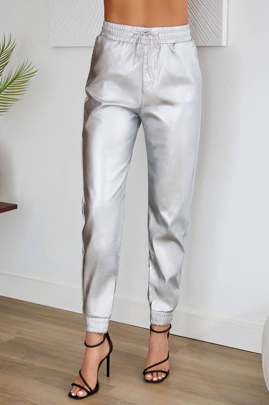 VENTI6 - Wholesale Lounge Sweatpants/Joggers - Women's - PU DRAWSTRING CUFFED JOGGER WITH POCKETS (90110-PU)4