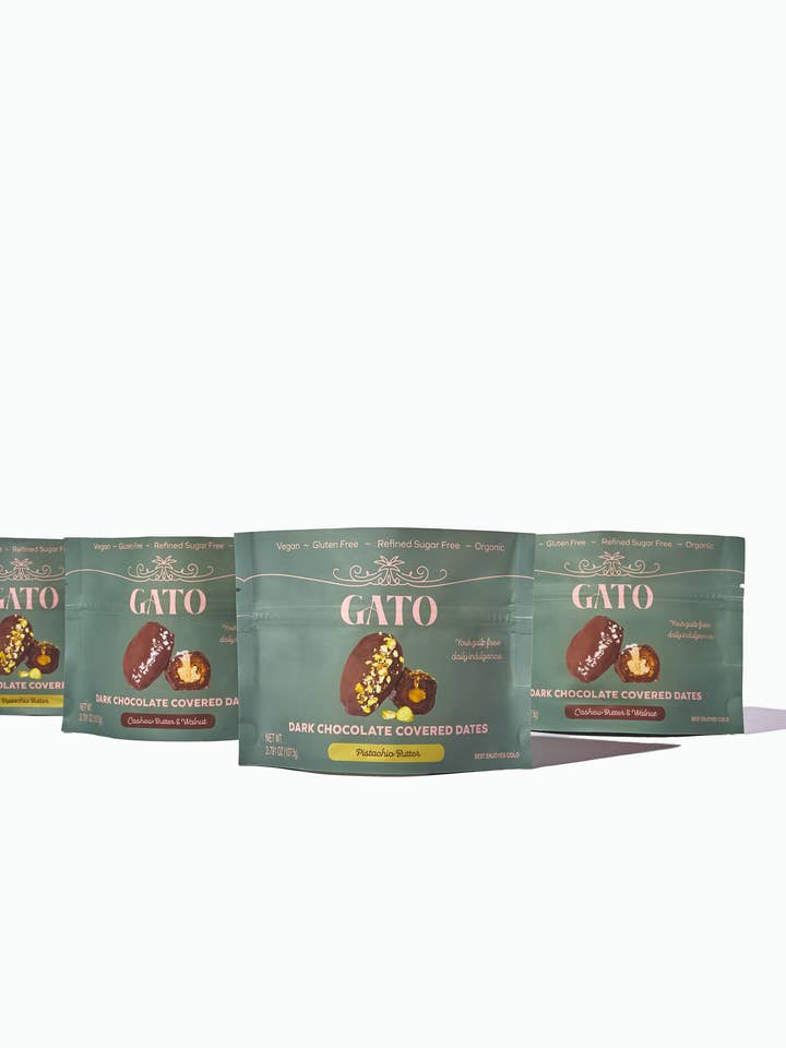 Chocolate coated Medjool dates stuffed with nut butter (x2) for wholesale by Gato Dates