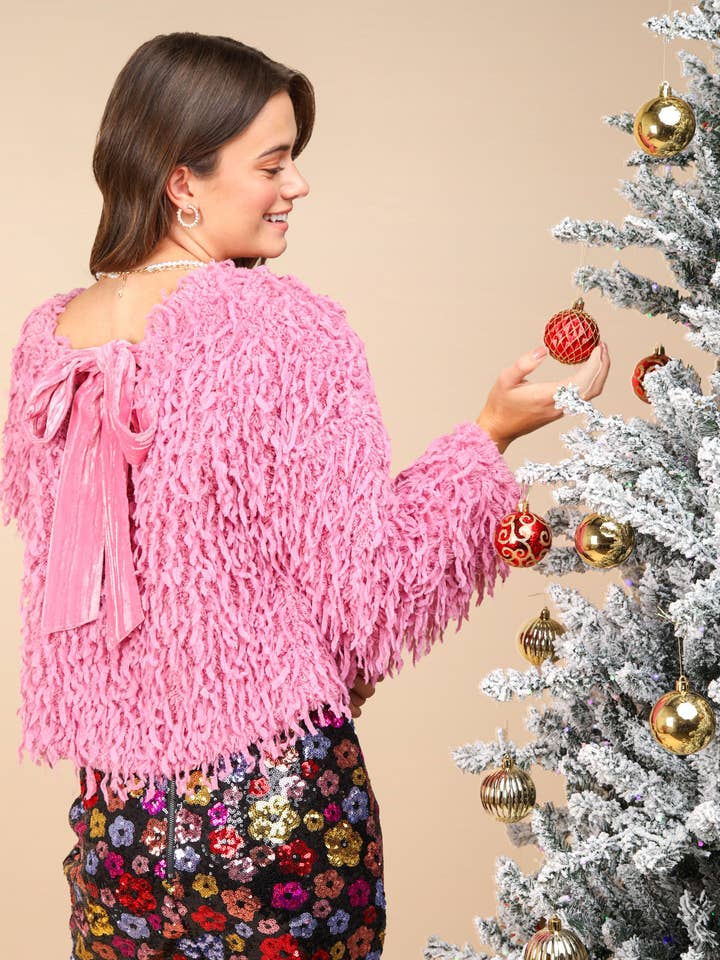 VERY J - Wholesale Knit Top - Women's - NT11714-Holiday Fur Knit Top with Back Velvet Ribbon