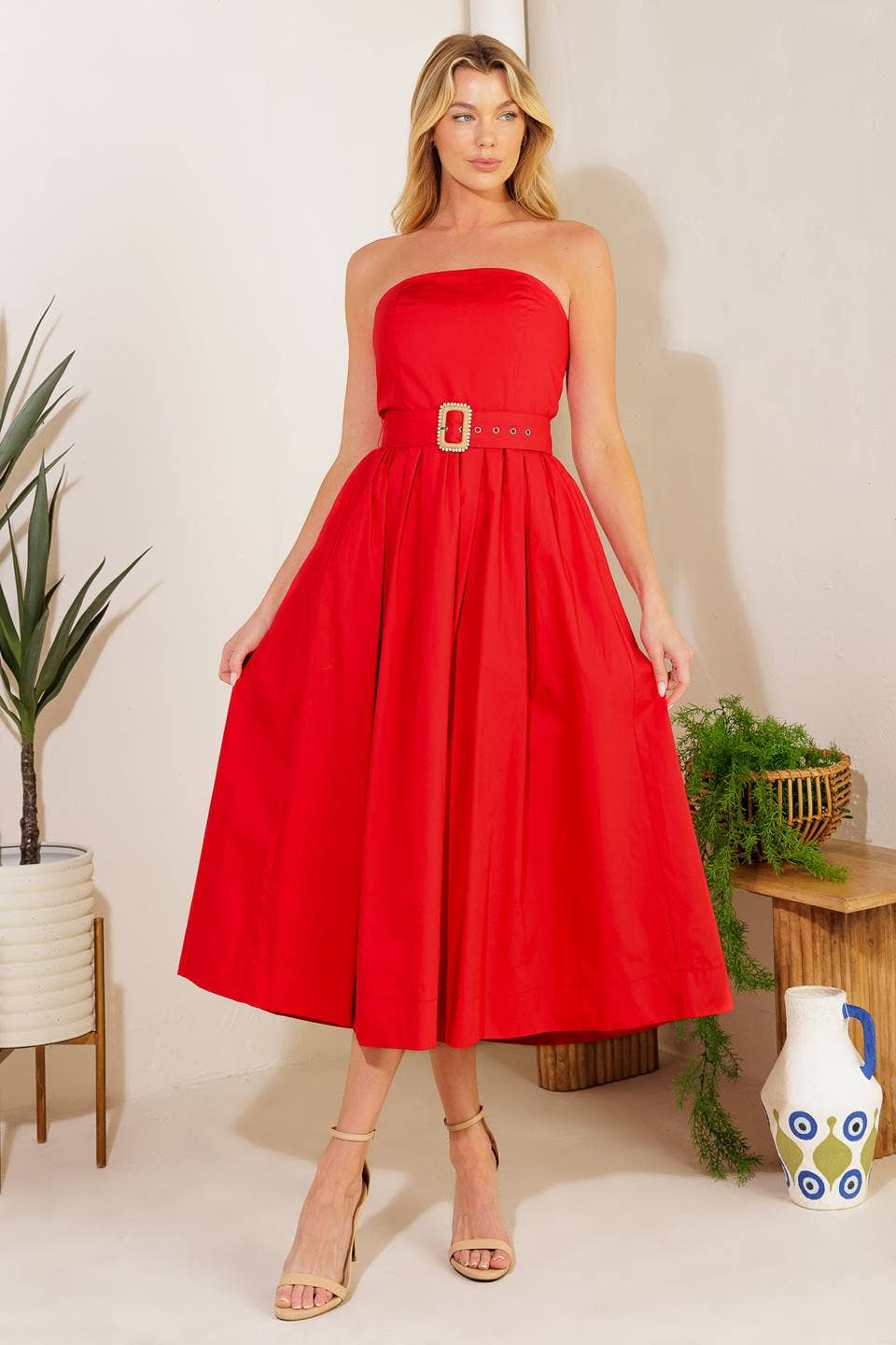 Red Ein festes gewebtes Midikleid - ID21958 für den Großhandel auf Faire1