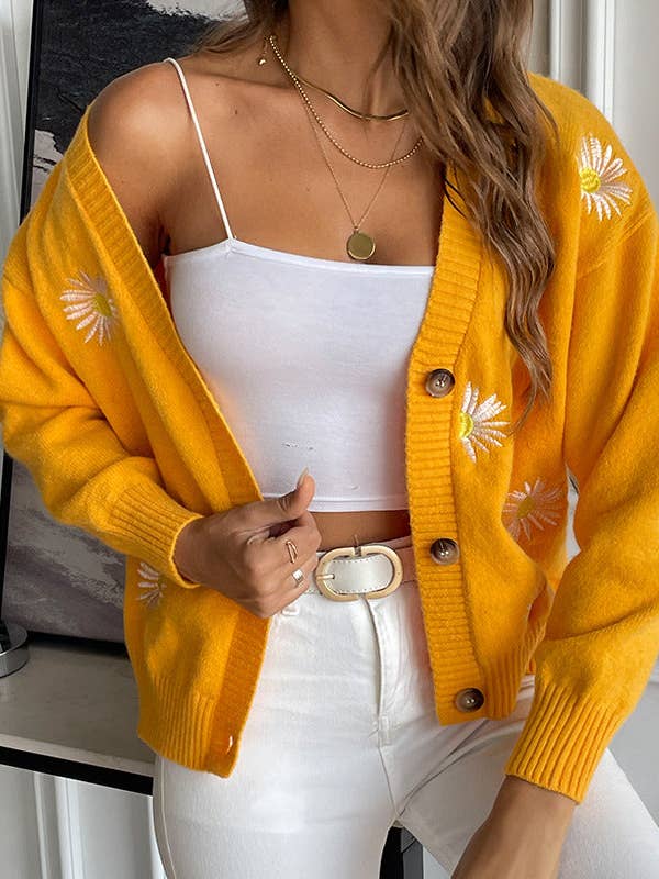 Sweet Women Clothing Small Chrysanthemum Embroidery V Neck Sweater Coat Autumn Winter Loose Knitted Cardigan for wholesale by VividLux