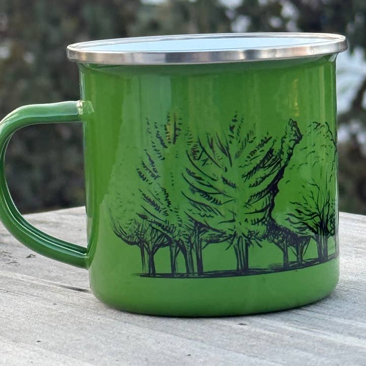 Field of Trees Green Enamel Camping Cup for wholesale by National Parks and Beyond