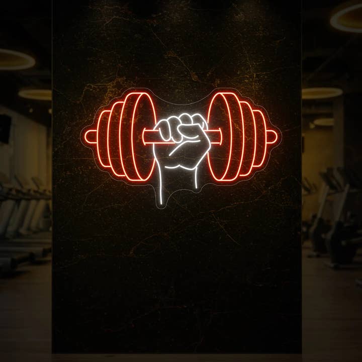 Hånd, der holder en vægt neonskilt for engroshandel hos Light Your Way