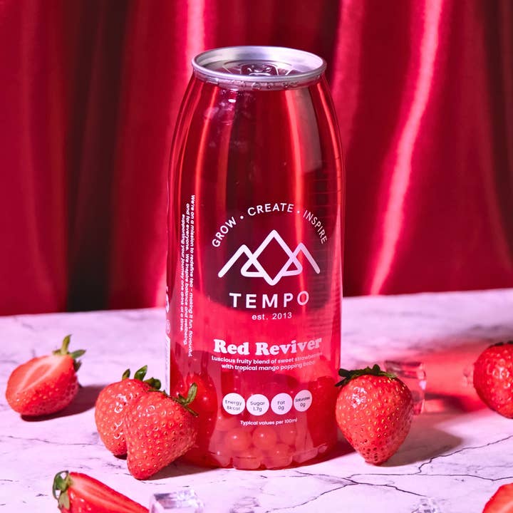Strawberry Bubble Tea With Mango Popping Boba for wholesale by Tempo Tea Bar