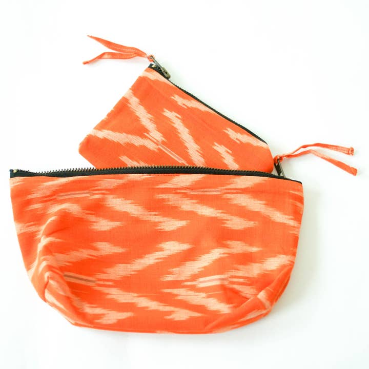 Gift Set: Tangerine Tulip Cotton Ikat Zipper Pouch for wholesale by Rustic Loom