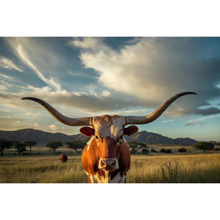 Texas Longhorn-tjur stående i betesmark närbild foto fotografi väggkonst för wholesale av Gotham Gifts